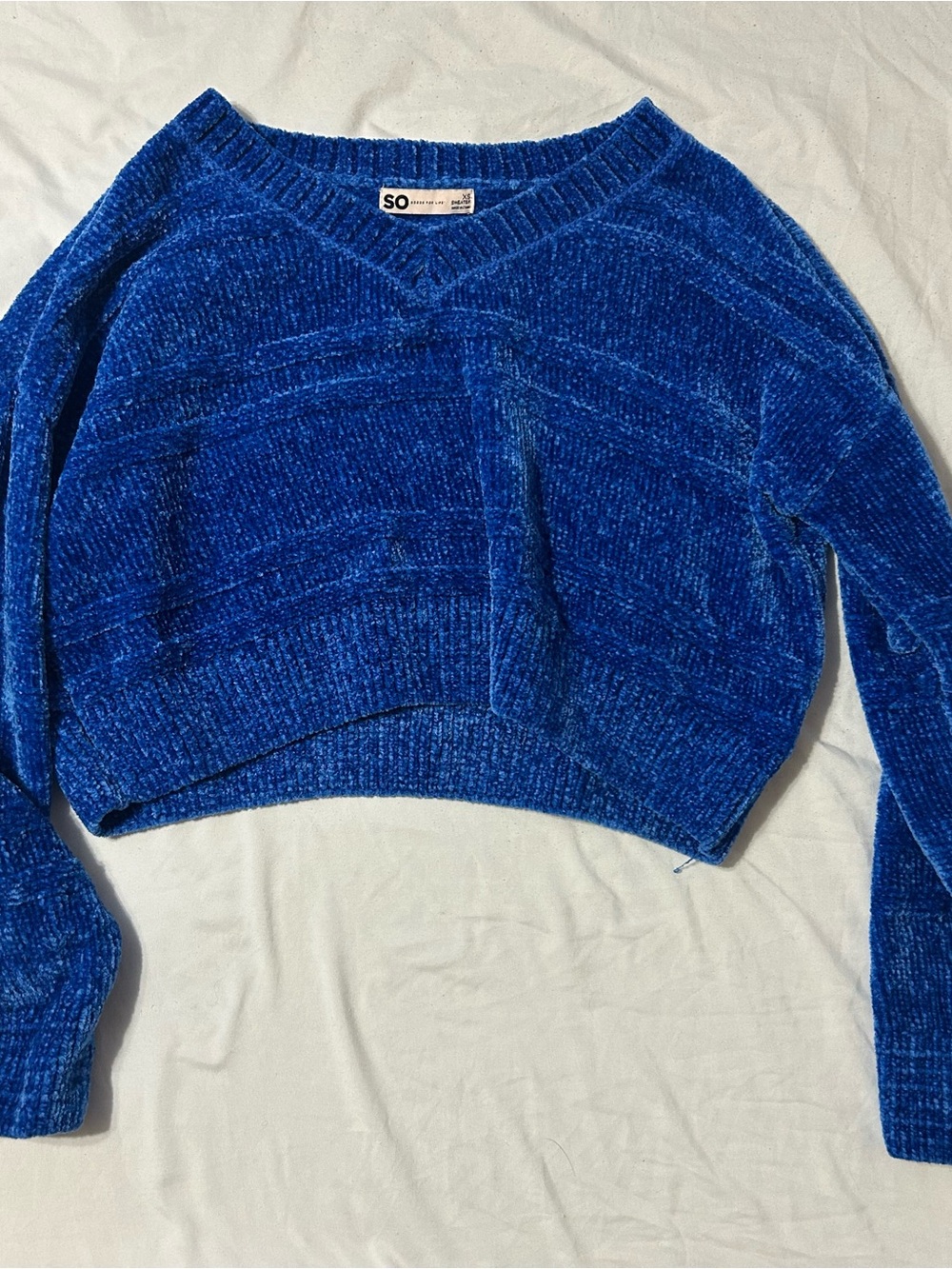 SO Royal Blue Chenille V-Neck Cropped Sweater